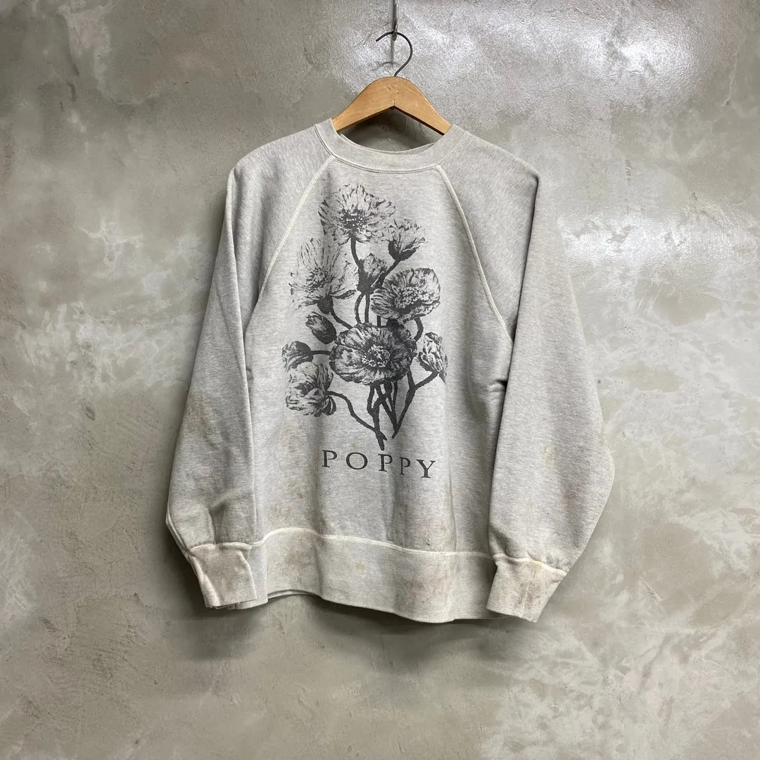 SAINT Mxxxxxx 'FLOWER' CREW NECK SWEAT SHIRTS Floral Distressed Retro Sweatshirt Distressed Gray S-XL Big Factory Four-needle Six-Thread Boneless Stitching Process/Original Horn Sleeve Version Top Printing Process Authentic Level Re-Engraving Garment Washing and Distressing/Hand-worn Graffiti Treatment Original Consistent Fruit Label/Little Angel Anti-Counterfeiting Label